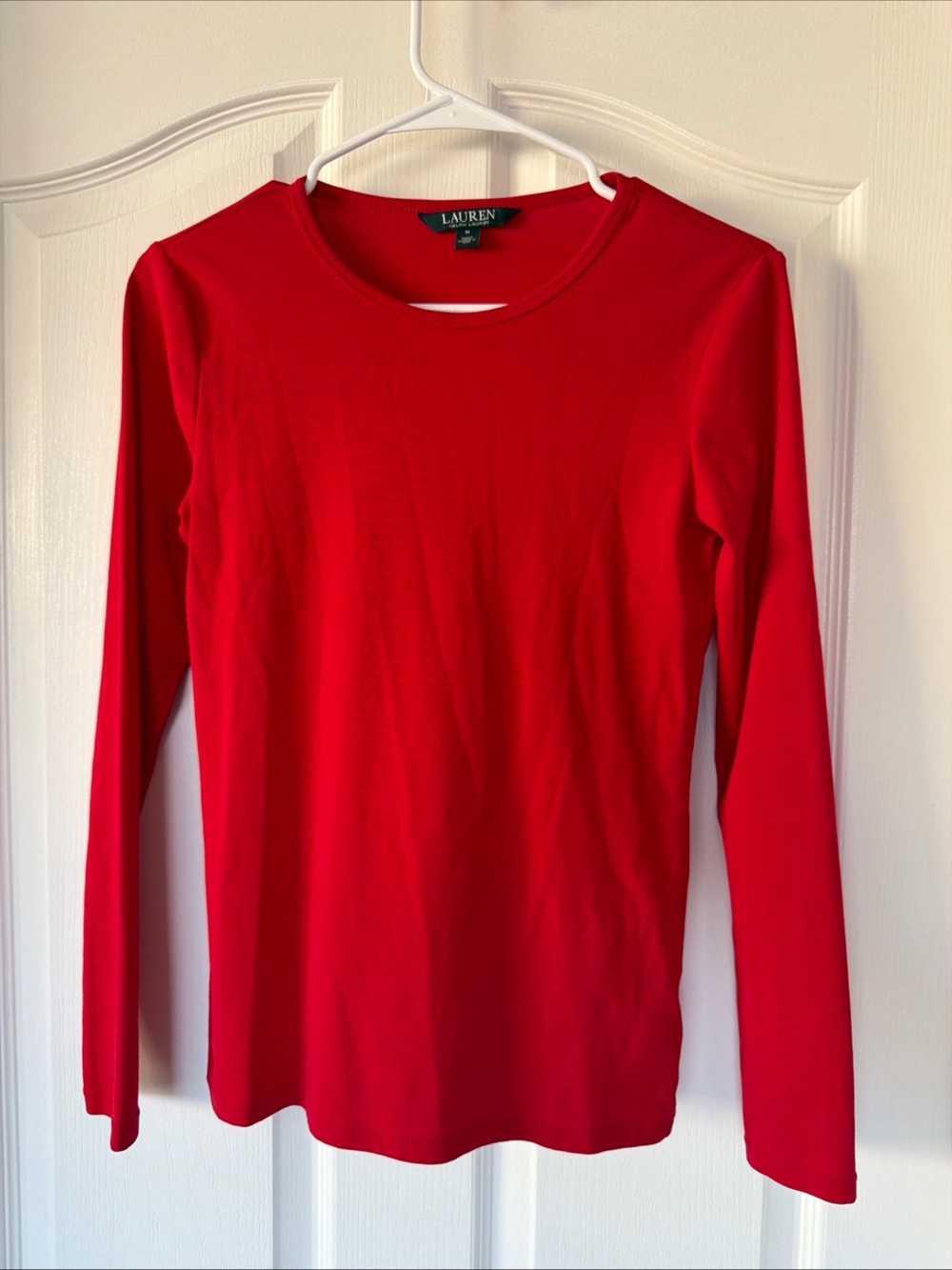 LAUREN RALPH LAUREN Women’s Cotton Long Sleeve Red Round Neck Stretch Shirt Sz M